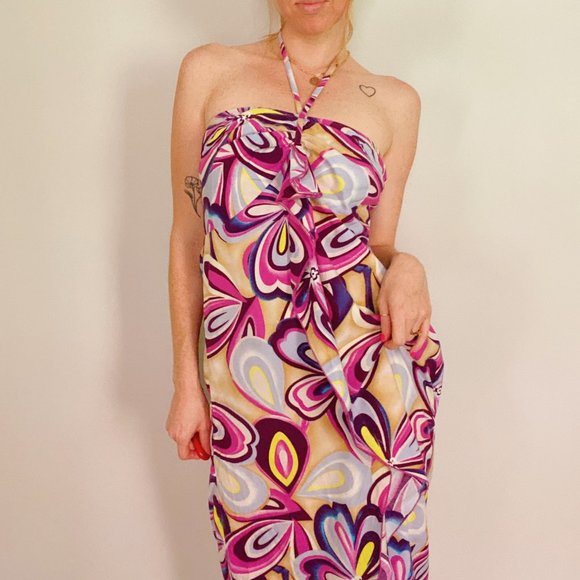 Tiki Palm Y2K Abstract Hawaiian Halter Midi Dress - Picture 5 of 8